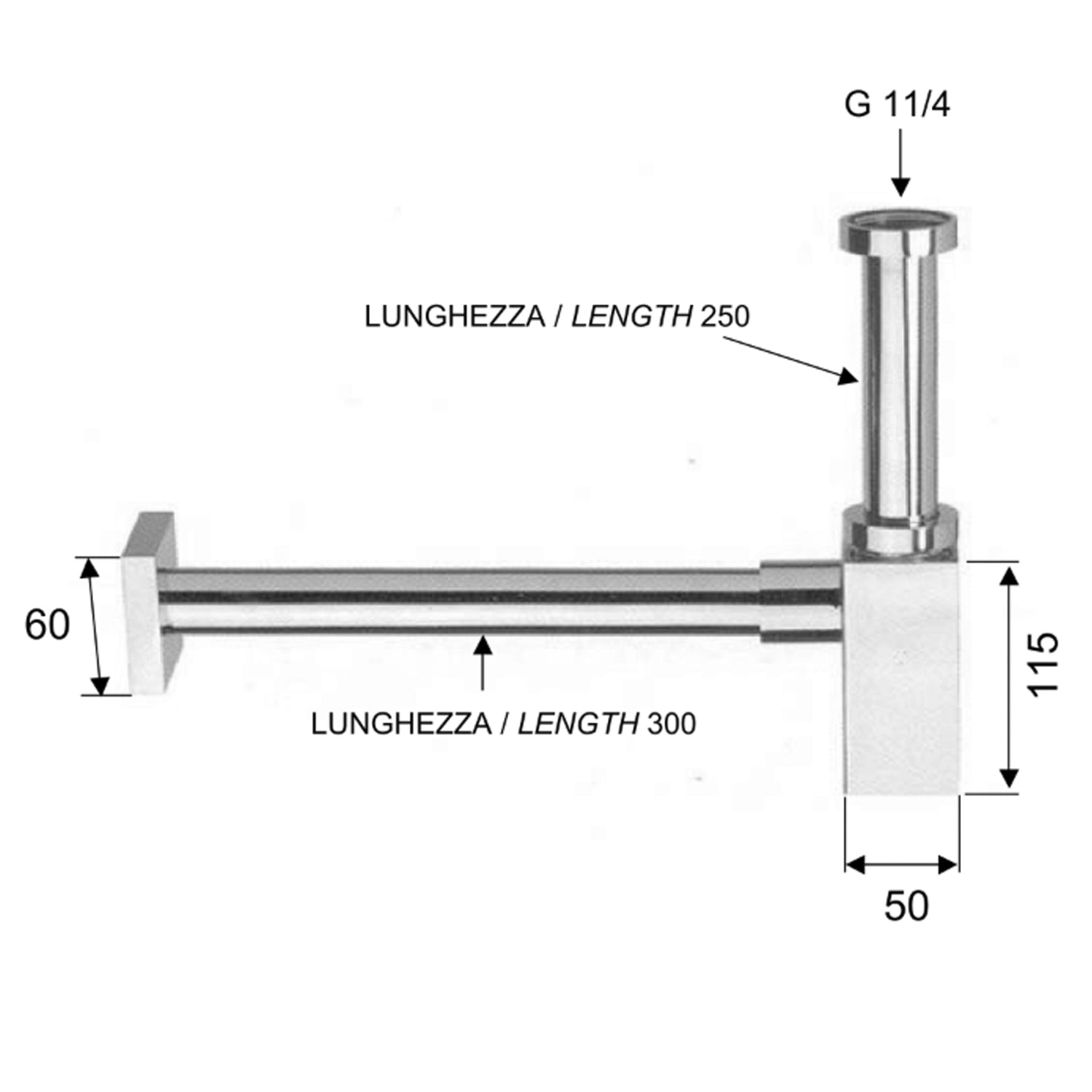 Sifone d'arredo design quadrato in ottone verniciato bianco 30 cm