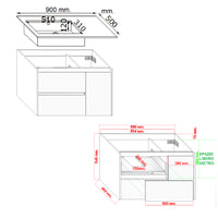 Mobile bagno sospeso FLIP 90 cm 90x50 frontale e lati bianco lucido cassetti ammortizzati