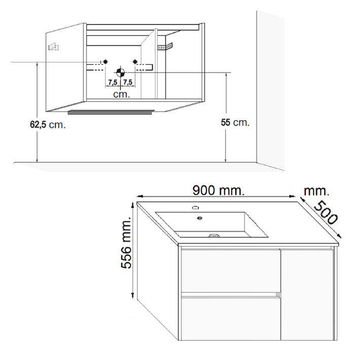 Mobile bagno sospeso FLIP 90 cm 90x50 frontale e lati bianco lucido cassetti ammortizzati