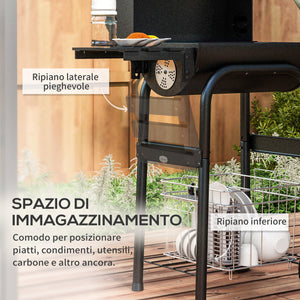 Barbecue a Carbone con Coperchio Termometro e Camino 83x46,5x115 cm in Metallo Nero