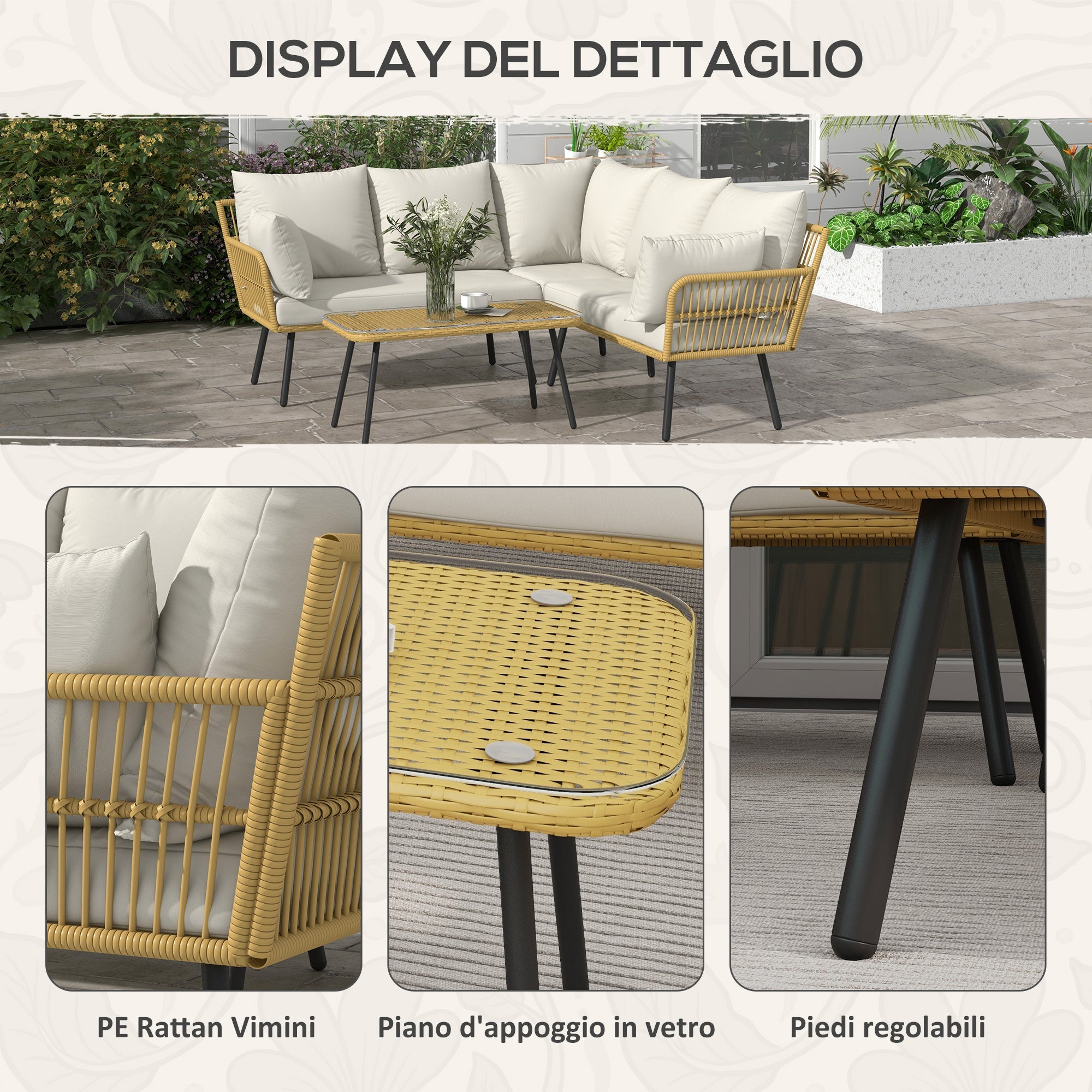 Set Salotto da Giardino Divano Angolare e Tavolino in Rattan e Poliestere Bianco Crema