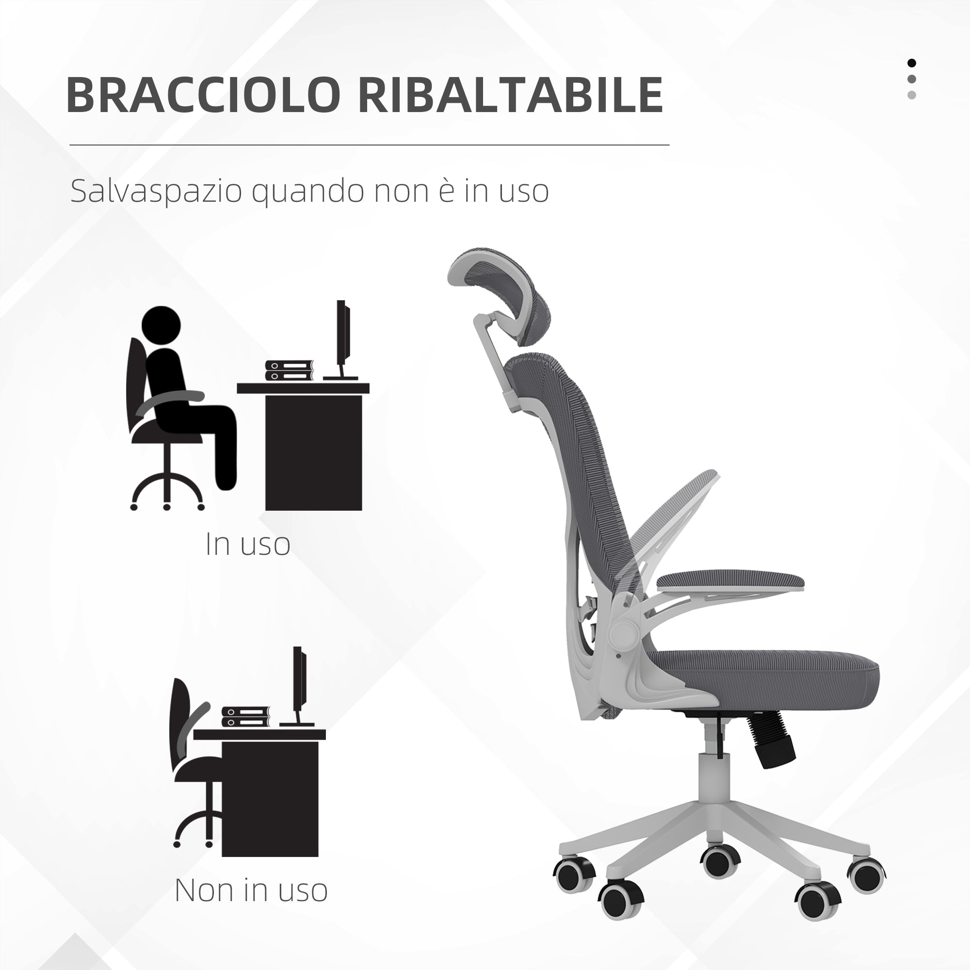 Sedia Poltrona Direzionale da Ufficio 65x64x120-130 cm Braccioli Ribaltabili in Tessuto a Rete Grigio Scuro