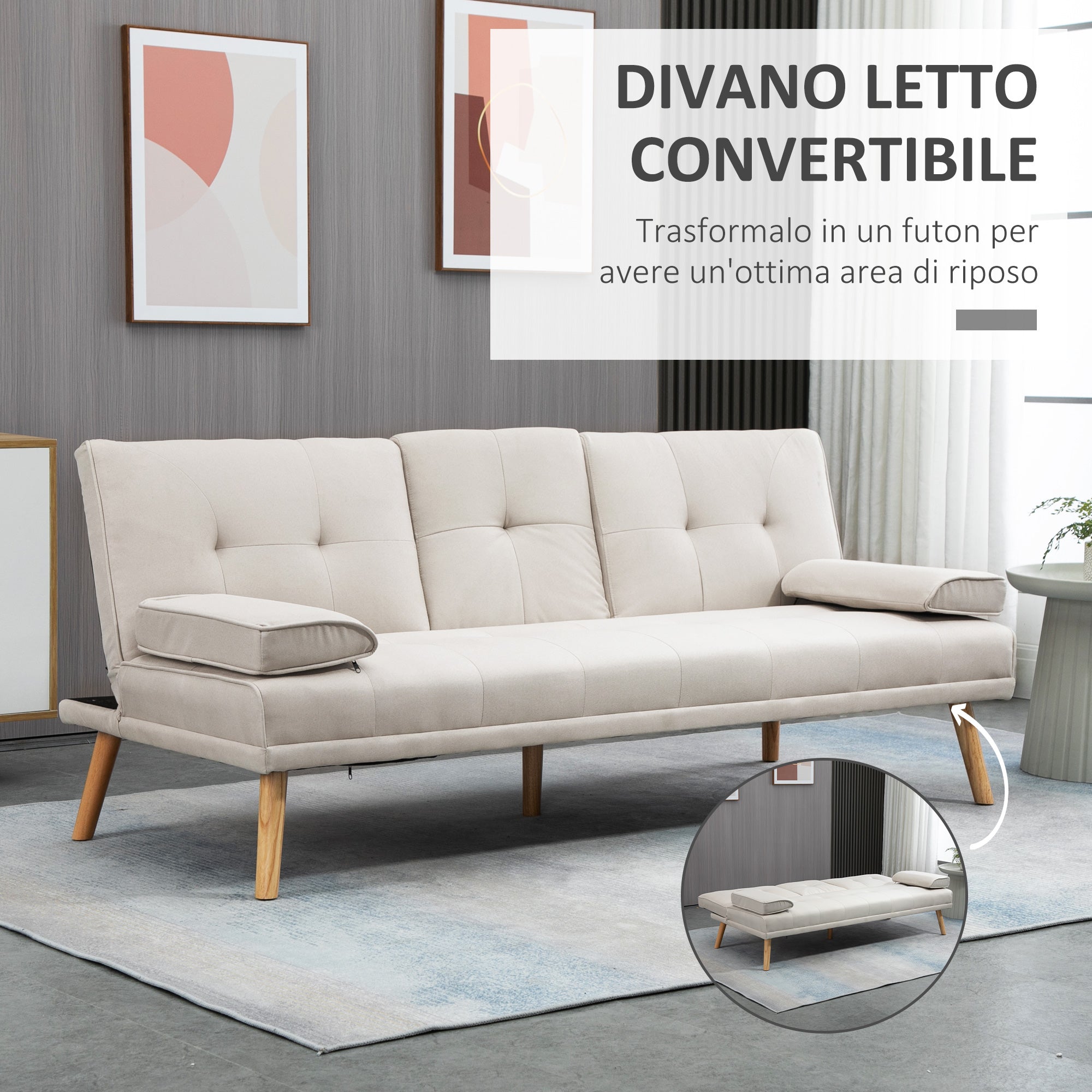 Divano Letto 3 Posti 181x77x78 cm in Tessuto Effetto Lino Beige