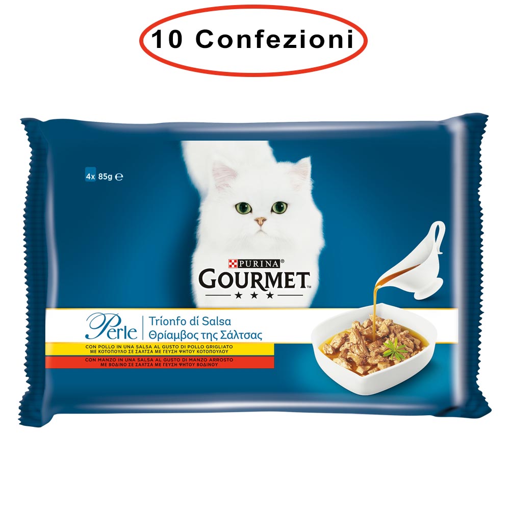 Purina gourmet perle umido gatto trionfo di salsa manzo & pollo 10 confezioni da 4 buste da 85 grammi