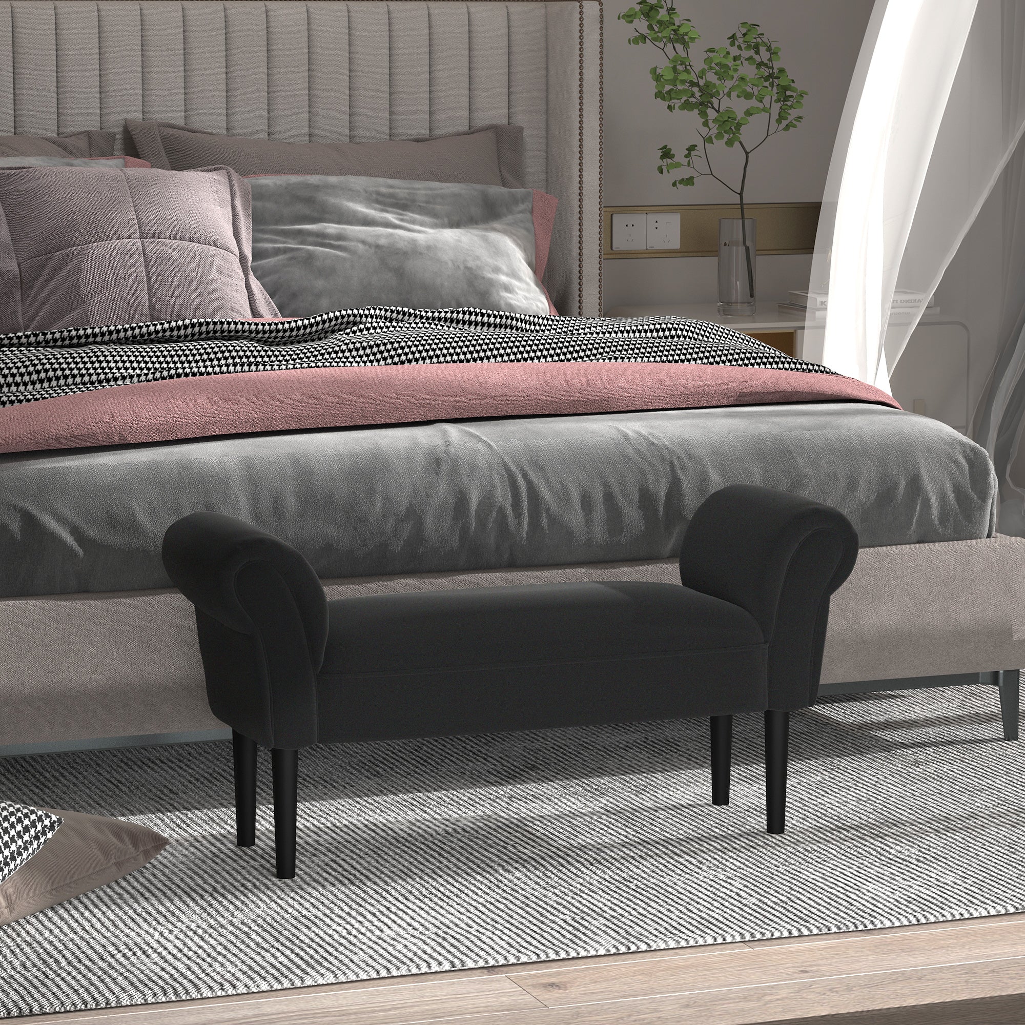 Panca Fondo Letto Imbottita con Braccioli Arrotolati 102x35x51 cm in Legno e Tessuto Nero