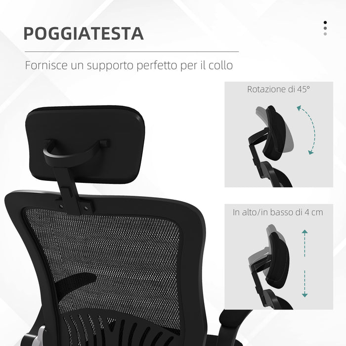 Sedia Poltrona Direzionale da Ufficio 66x69x116-126 cm Braccioli Ribaltabili in Tessuto a Rete Nero