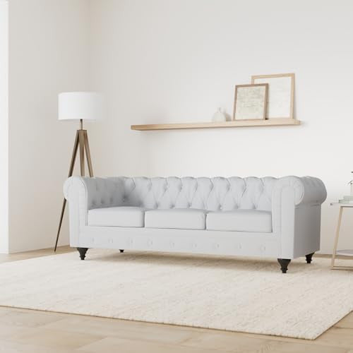 Divano Chesterfield 3 Posti Bianco in PU, Stile British, 208x82x70 cm