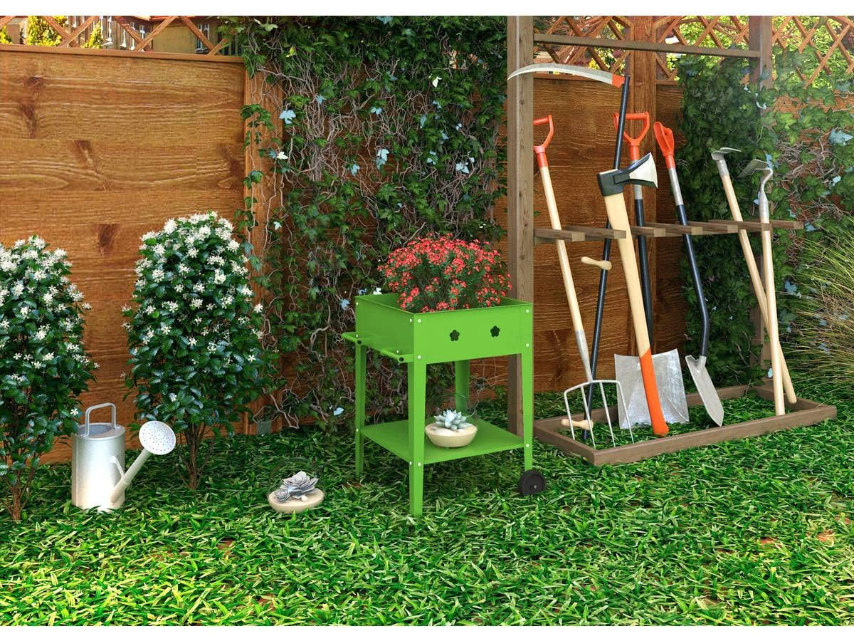 Carrello Portavasi Metallo Verde 55x55x80cm 2 Ripiani 2 Ruote Habitat et Jardin