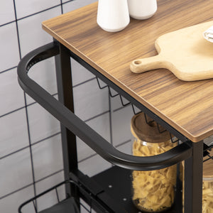 Carrello da Cucina 3 Livelli 75x43,5x91 cm con 2 Ruote e Cesto Estraibile color Legno e Nero