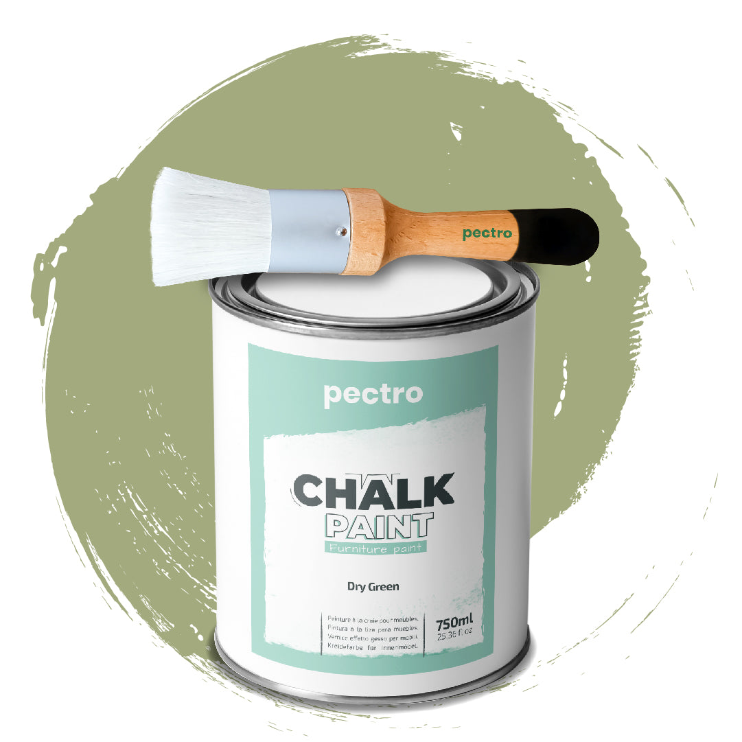 Chalk Paint Vernice a Gesso 750ml + Pennello Tondo in Legno Pack - Pittura per Mobili Senza Carteggiare (VERDE SECCO)