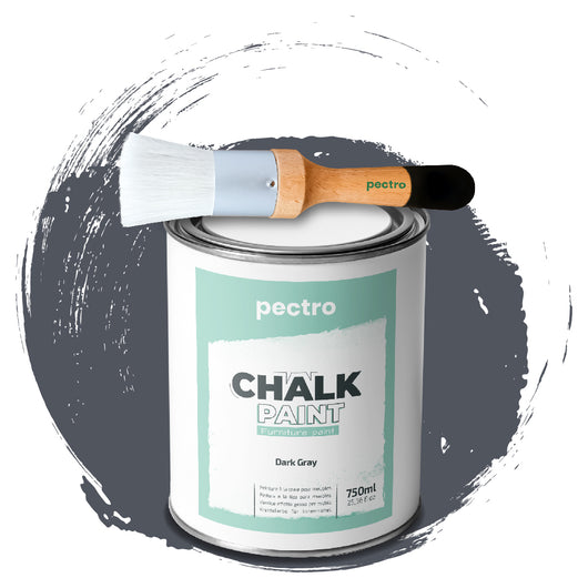 Chalk Paint Vernice a Gesso 750ml + Pennello Tondo in Legno Pack - Pittura per Mobili Senza Carteggiare (GRIGIO SCURO)