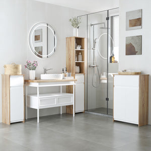 Mobile Bagno con Cassetto e Armadietto con Ripiano Regolabile Interno 32,6x30x90 cm in MDF Bianco e legno naturale