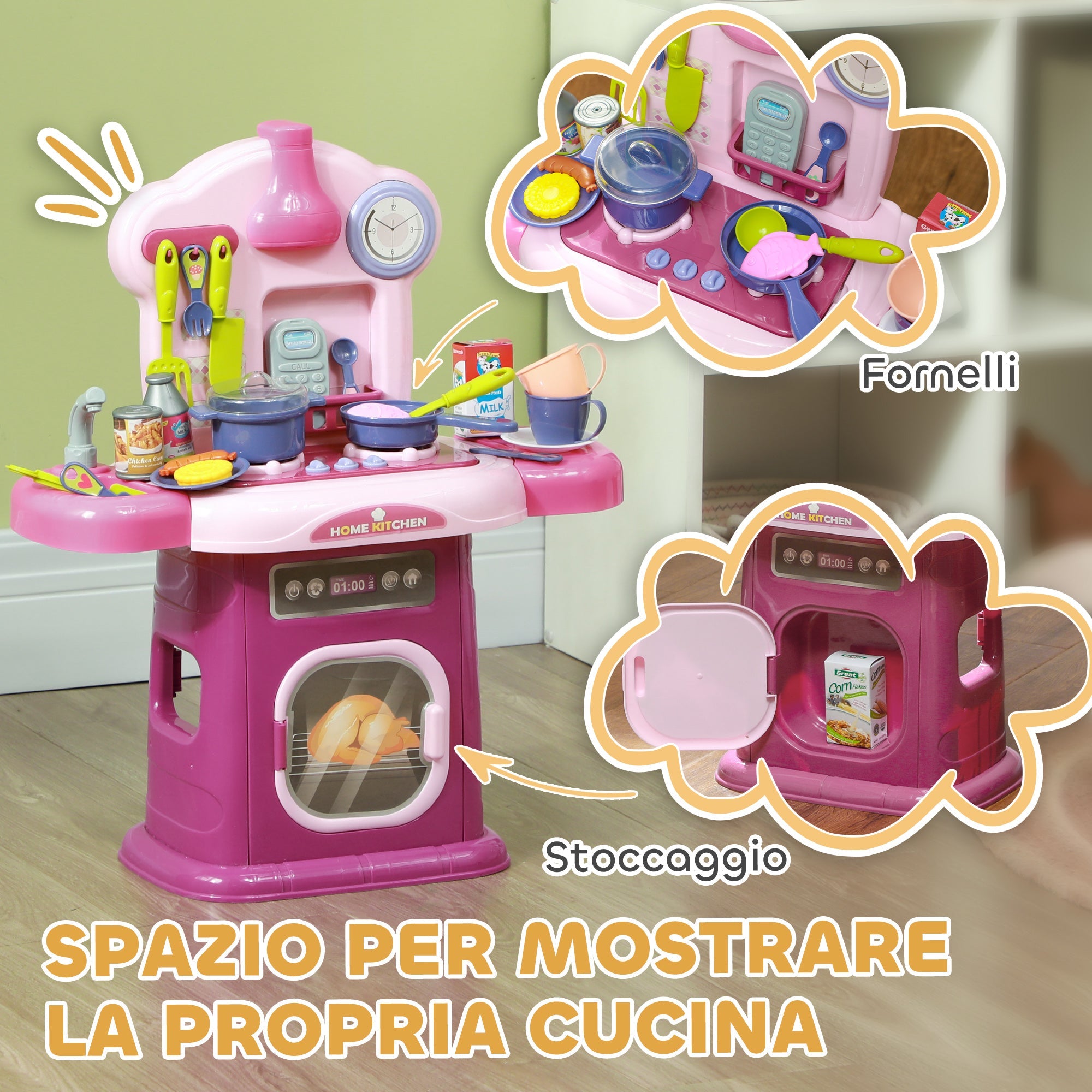 Cucina Giocattolo per Bambini 51x21x60 cm 38 Pezzi e Suoni Realistici Rosa