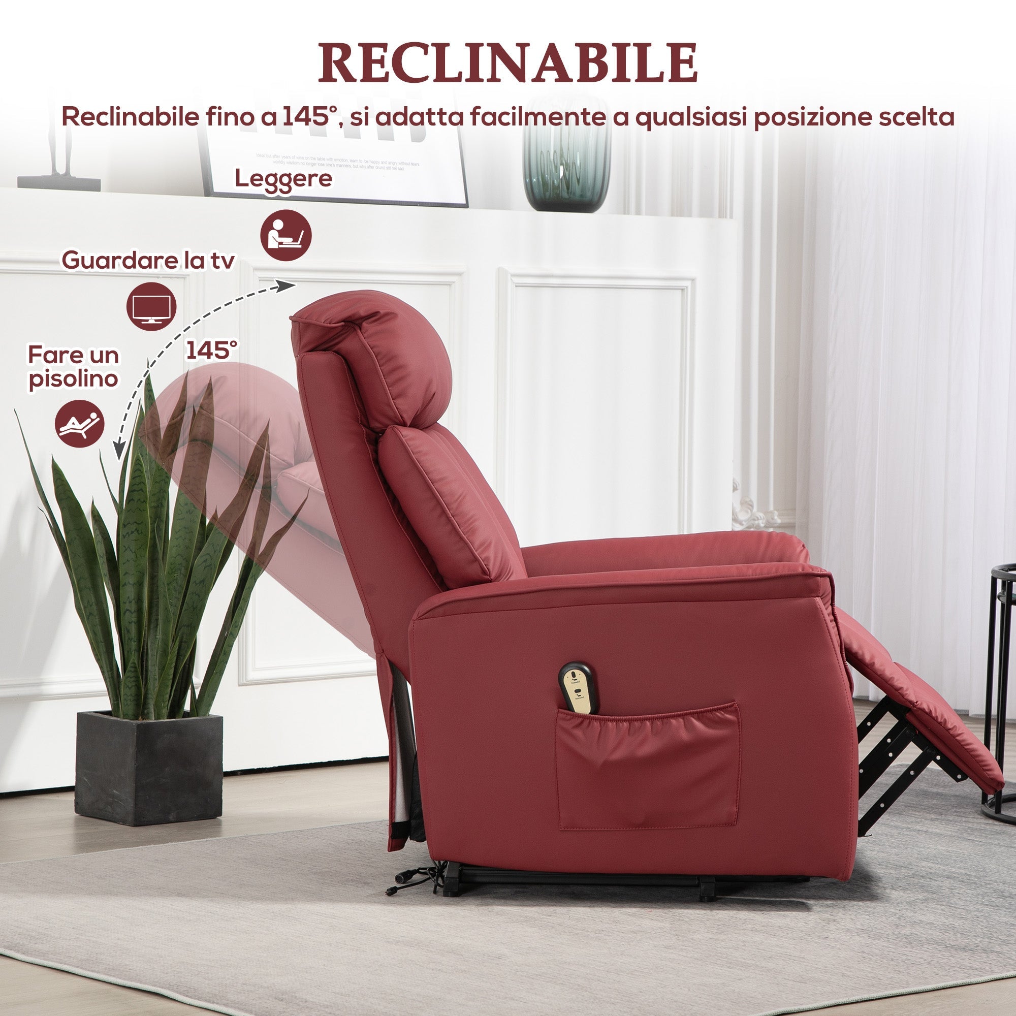 Poltrona Relax Reclinabile Alzapersone Elettrica con Telecomando Rosso