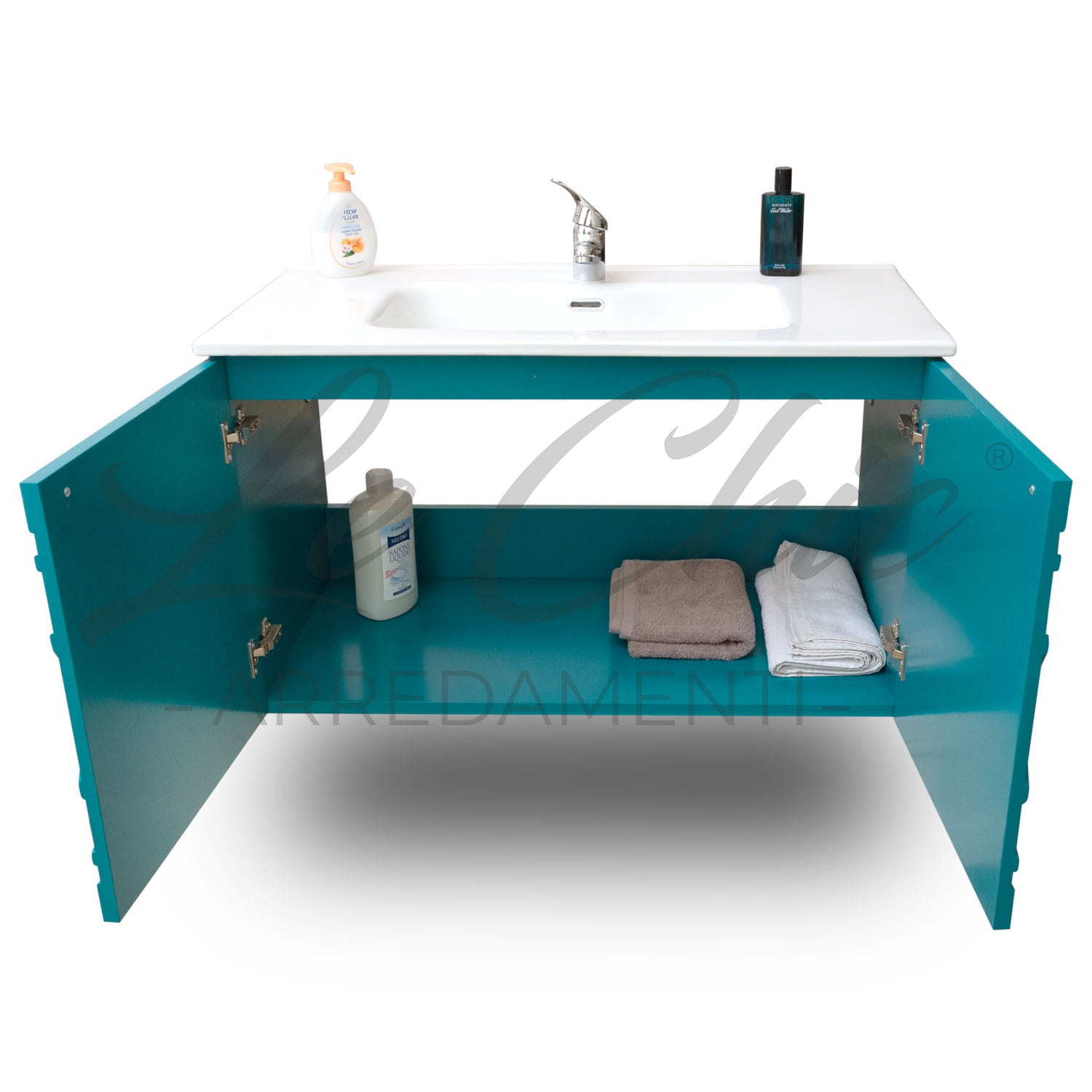 Mobile moderno sospeso Luxury verde smeraldo - 100 cm, Specchiera led rotonda