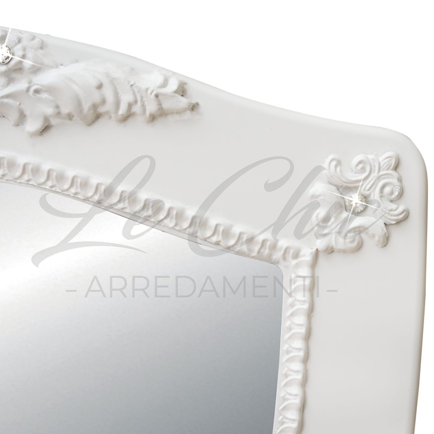 Specchiera Ariel in legno barocco white con decori e brillanti