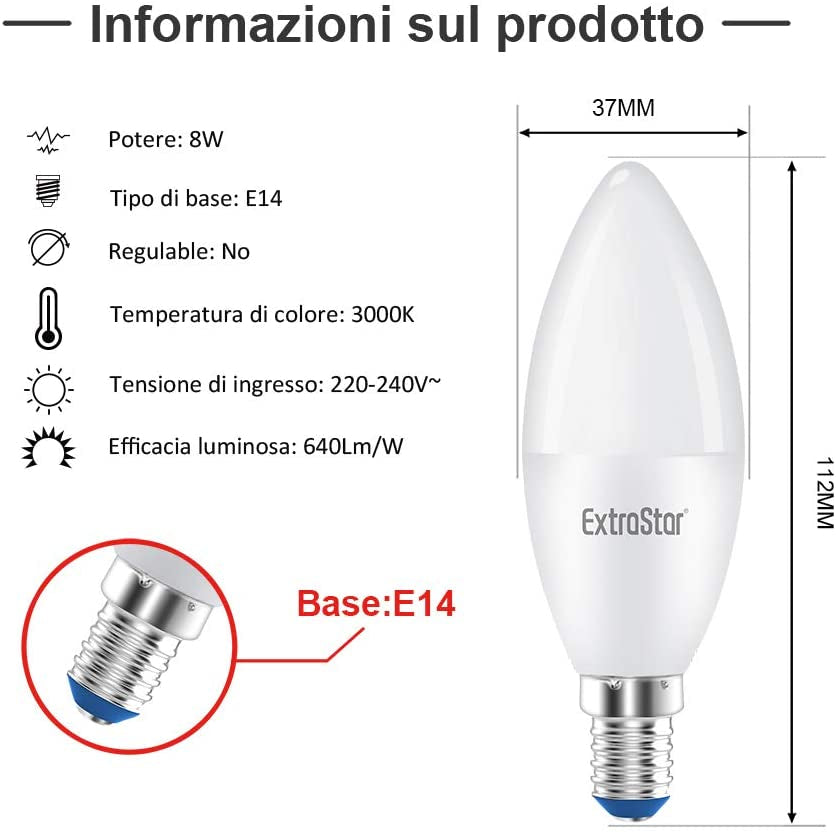 2 PZ Lampada A Led E14 C37 8W Bianco Caldo 3000K 720 Lumen