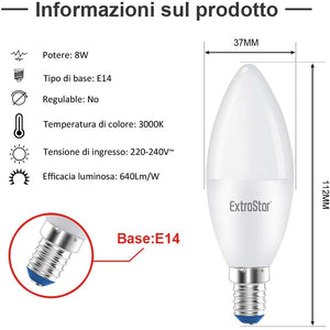 2 PZ Lampada A Led E14 C37 8W Bianco Caldo 3000K 720 Lumen