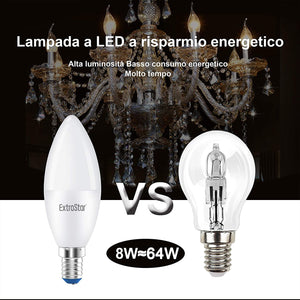 2 PZ Lampada A Led E14 C37 8W Bianco Freddo 6500K 720 Lumen