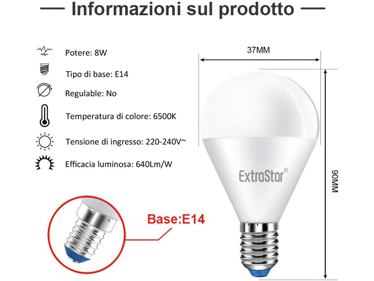 2 PZ Lampada A Led E14 P45 G45 8W Bianco Caldo 3000K 720 Lumen