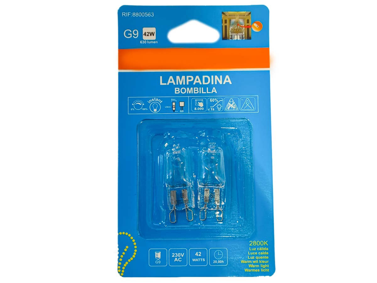 2 PZ Lampade Alogena Dimmerabile G9 42W 630 Lumen Bianco Caldo 2800K