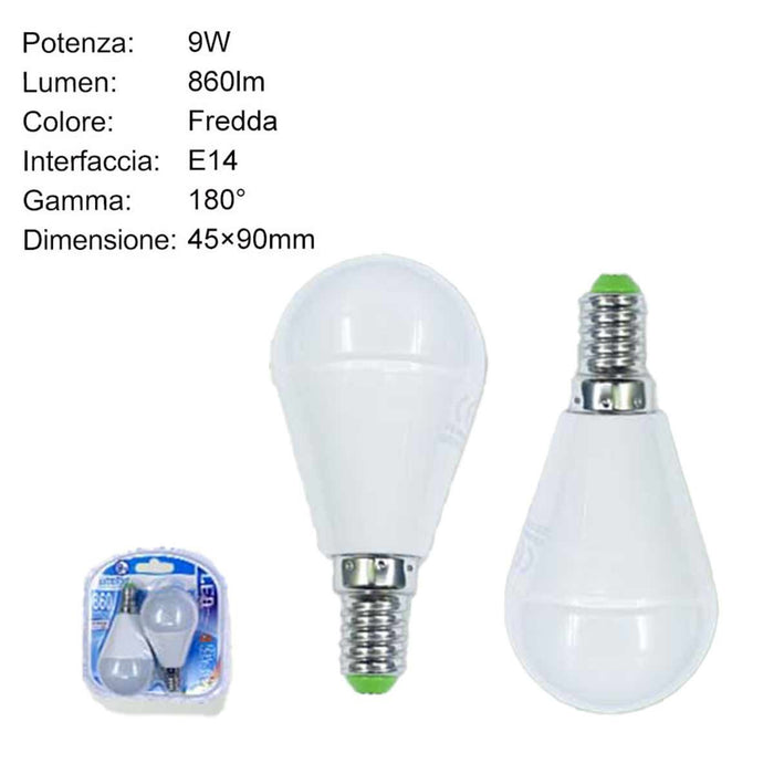 2 PZ Lampadina A Led E14 P45 G45 9W Luce Fredda 860 Lumen 6500K