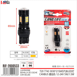 2Pcs LED T20 7443 W21/5W Canbus Lampada per Auto Camion 12V 24V 21 SMD 3030 5W/1.5W 300lm Doppio Filamento 65mm Giallo