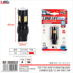 2Pcs LED T20 7443 W21/5W Canbus Lampada per Auto Camion 12V 24V 21 SMD 3030 5W/1.5W 300lm Doppio Filamento 65mm Rosso