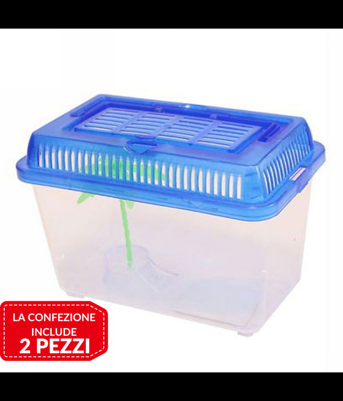 2 Pz Acquario Vaschetta Pesci Tartarughe Coperchio Maniglia Presa Aria 16x9.5x12         