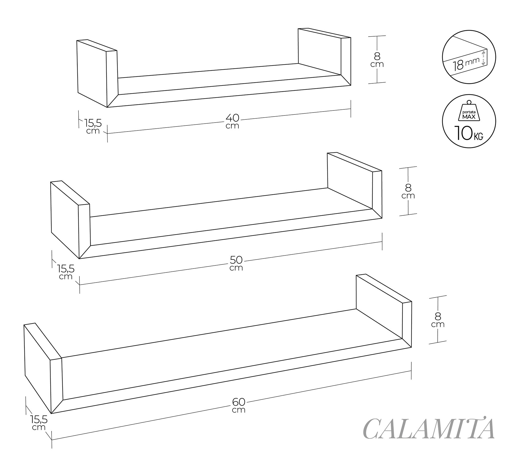 Set 3 Mensole da Parete 60-50-40x15,5x8 cm in Fibra di Legno Calamita Rovere Imperiale