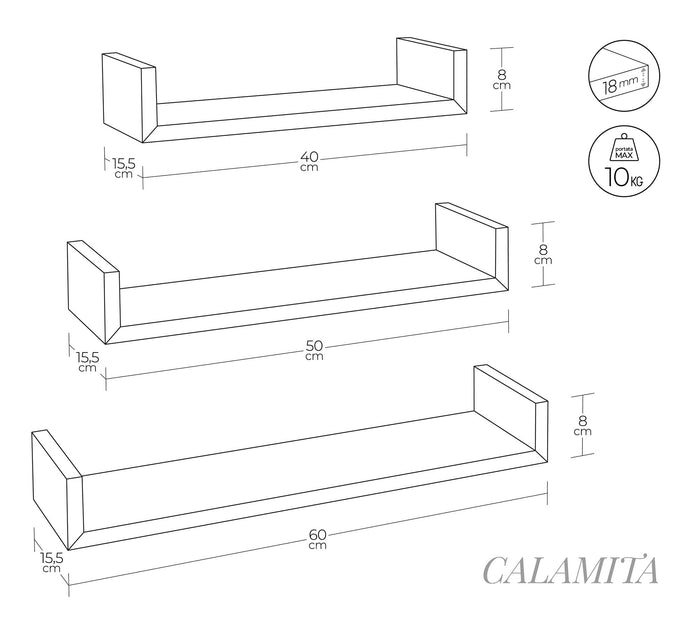 Set 3 Mensole da Parete 60-50-40x15,5x8 cm in Fibra di Legno Calamita Rovere Imperiale