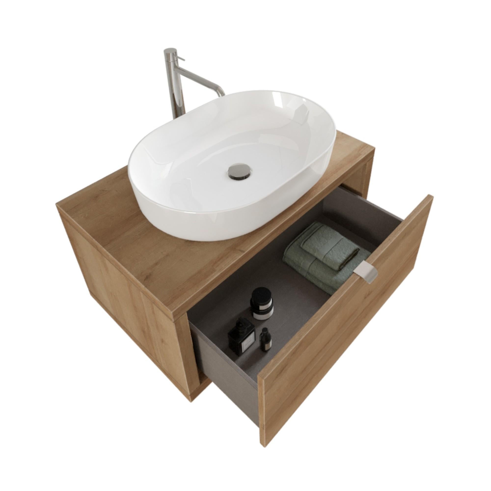 Mobile Bagno Sospeso 80 cm Lavabo e Specchio Bonussi Orione Rovere Farnia