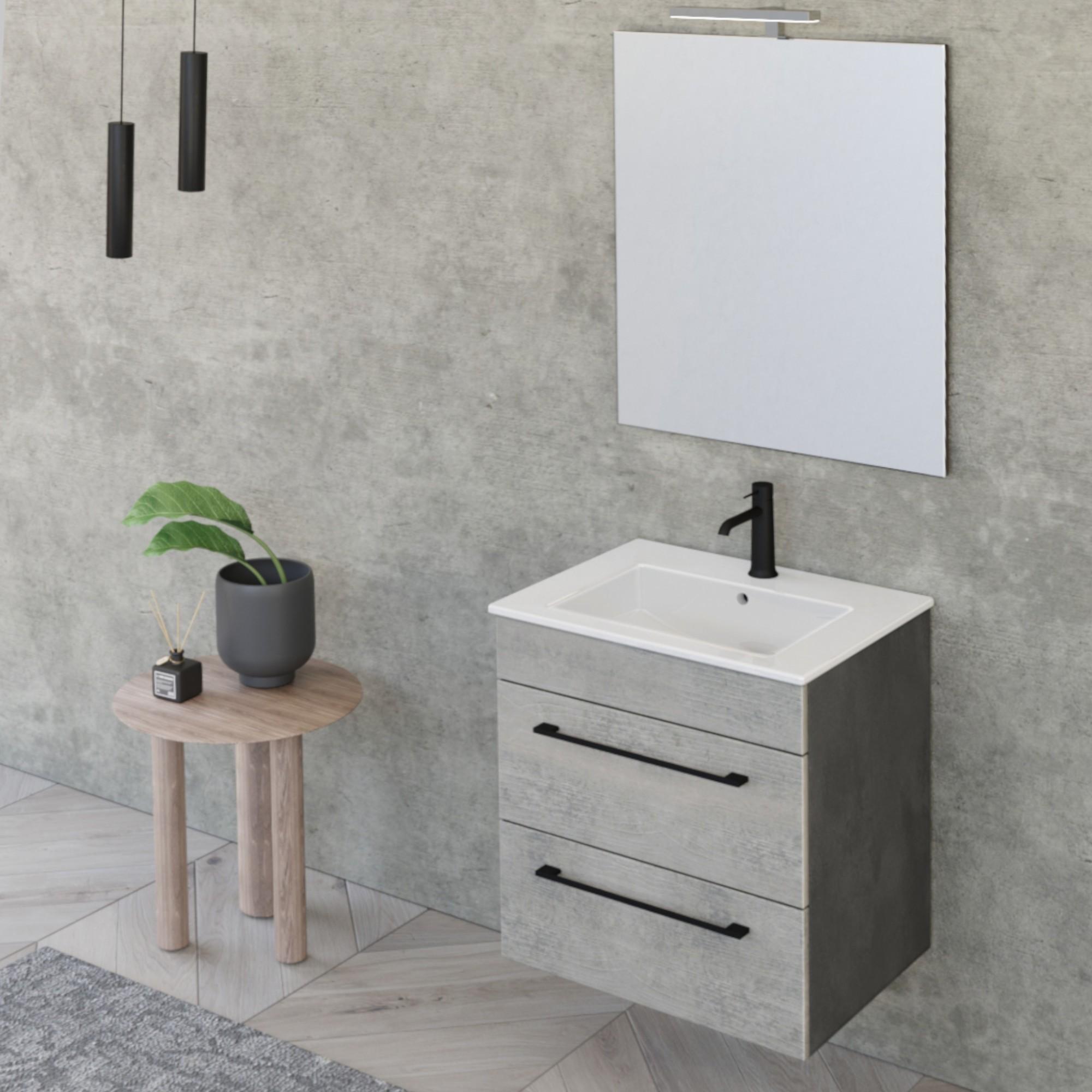 Mobile Bagno Sospeso 55 cm Lavabo e Specchio Bonussi Tucano Grigio Effetto Cemento