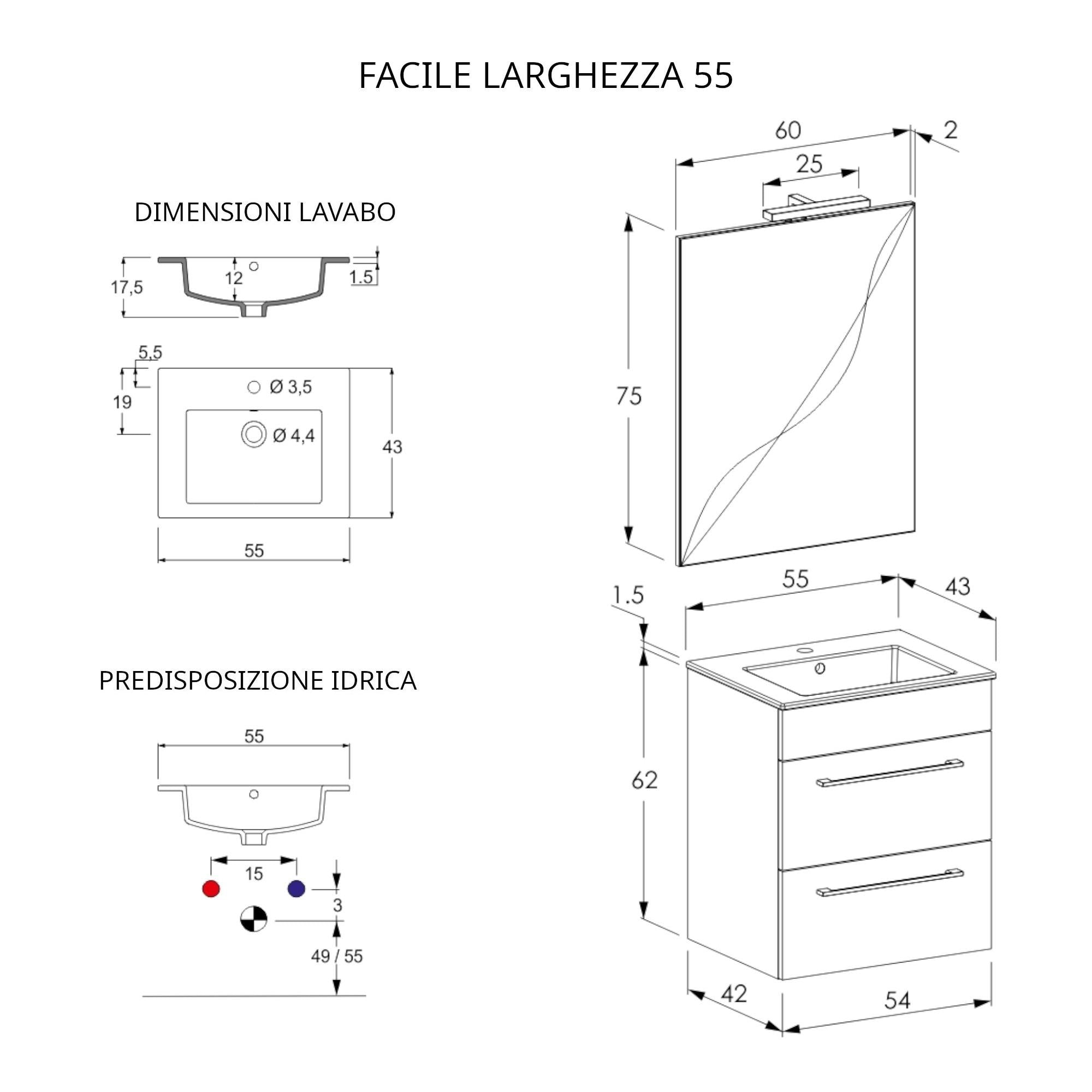 Mobile Bagno Sospeso 55 cm Lavabo e Specchio Bonussi Tucano Grigio Effetto Cemento