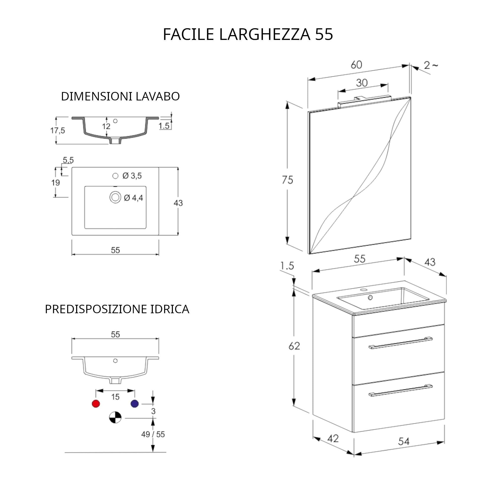 Mobile Bagno Sospeso 55 cm Lavabo e Specchio Bonussi Tucano Olmo Lava