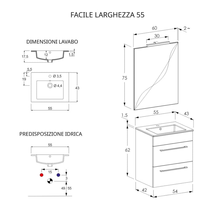 Mobile Bagno Sospeso 55 cm Lavabo e Specchio Bonussi Tucano Olmo Lava