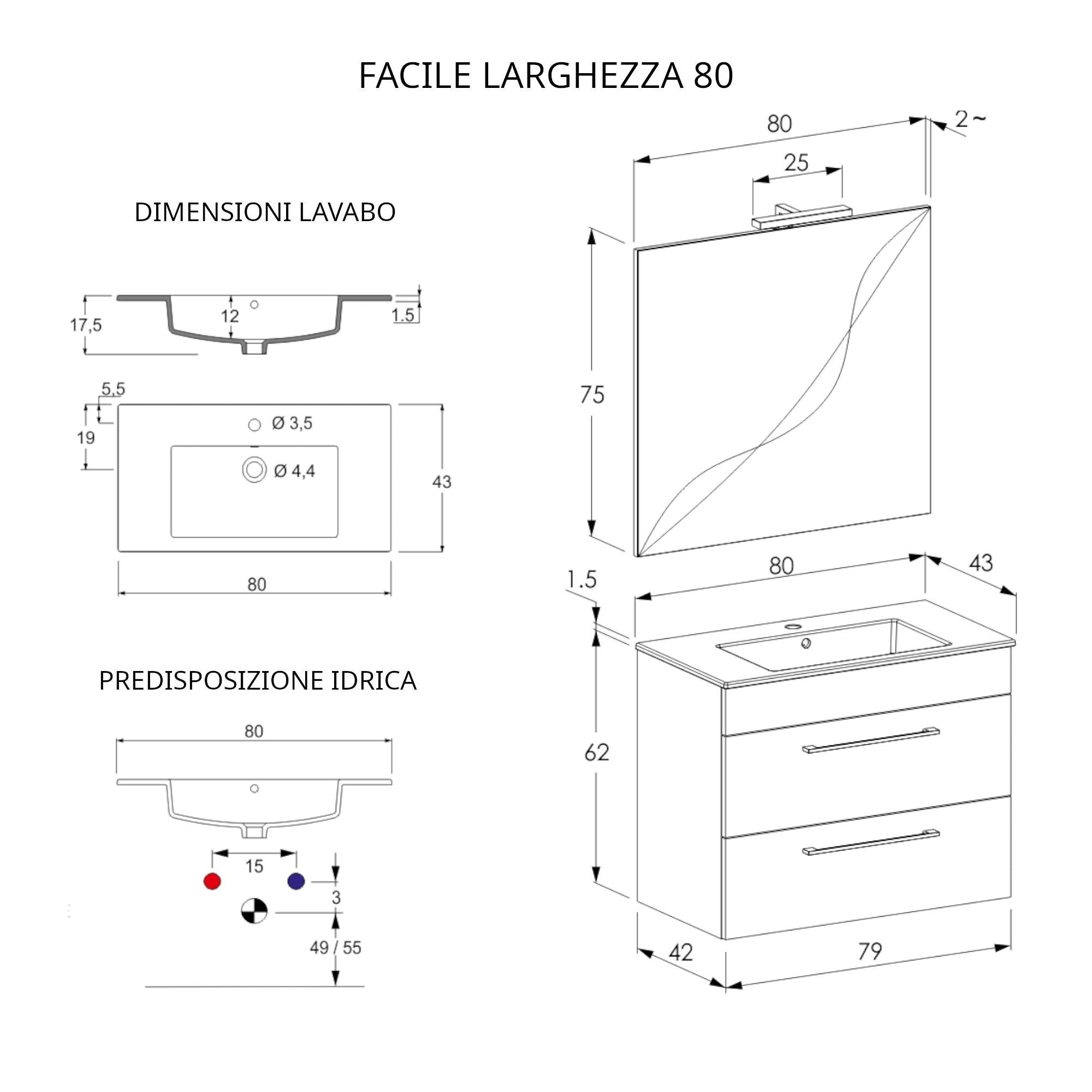 Mobile Bagno Sospeso 80 cm Lavabo e Specchio Bonussi Tucano Olmo