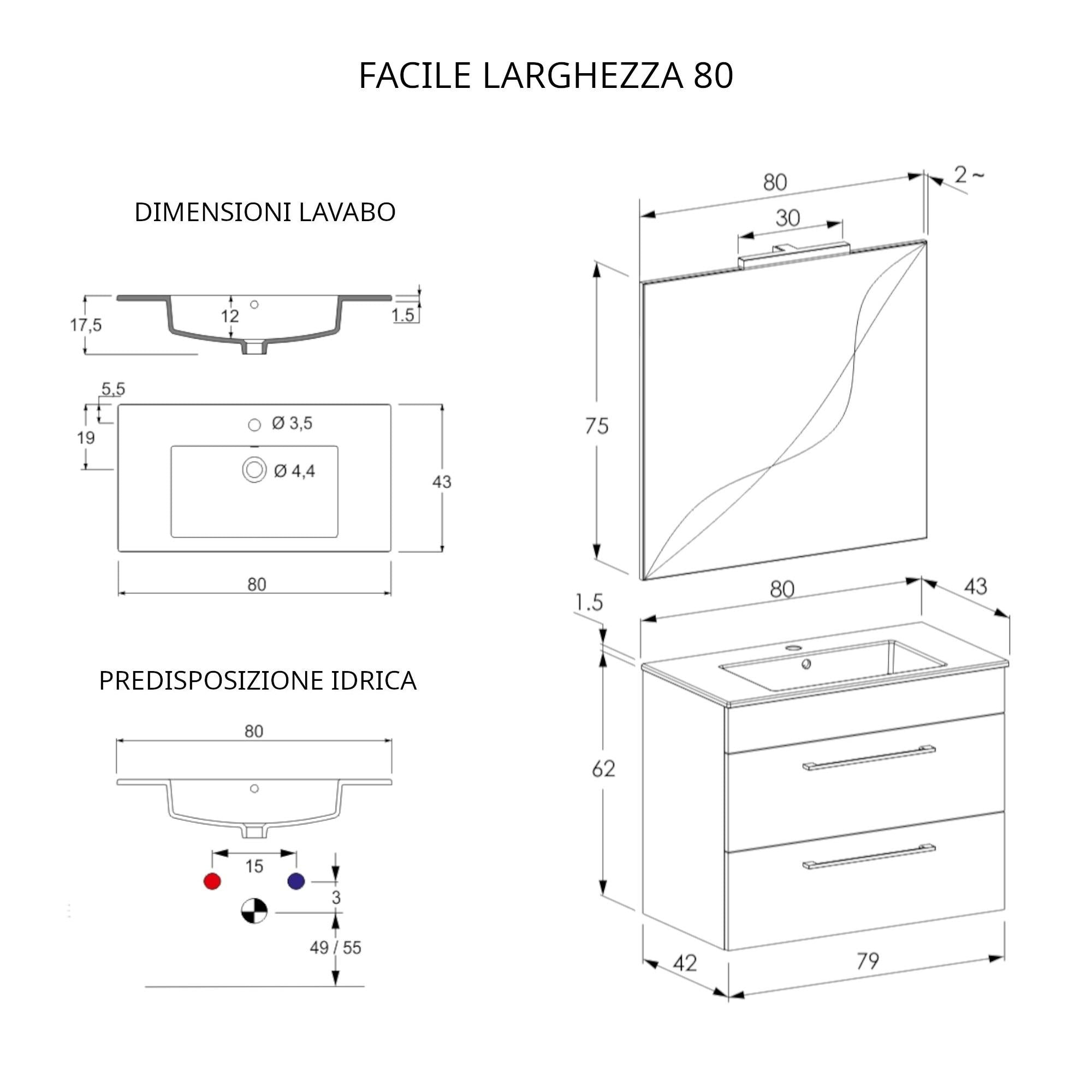 Mobile Bagno Sospeso 80 cm Lavabo e Specchio Bonussi Tucano Grigio