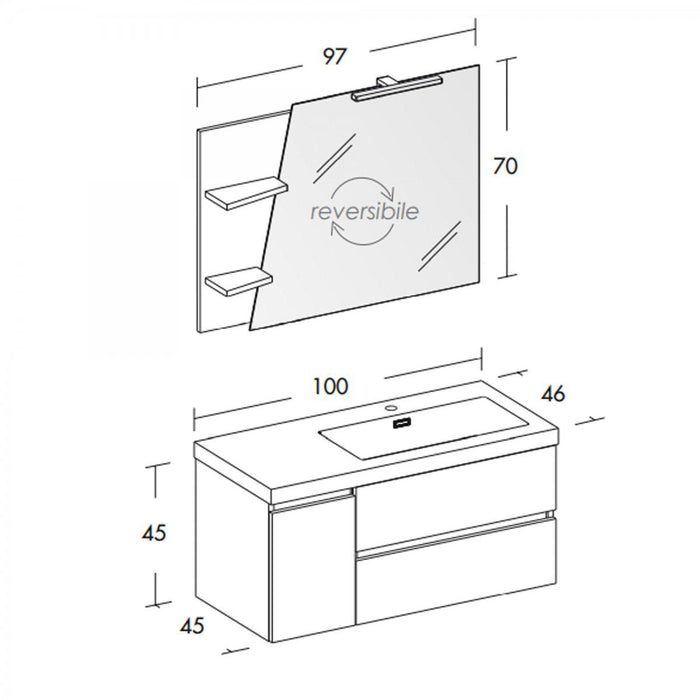 Mobile Bagno Sospeso 100 cm Lavabo e Specchio Bonussi Pegaso Bianco