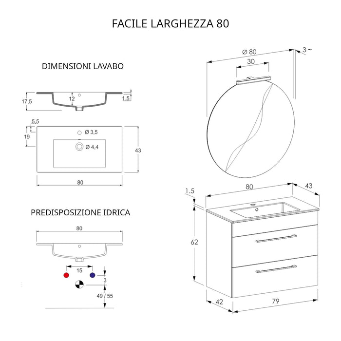 Mobile Bagno Sospeso 80 cm Lavabo e Specchio Bonussi Tucano Cemento Effetto Legno