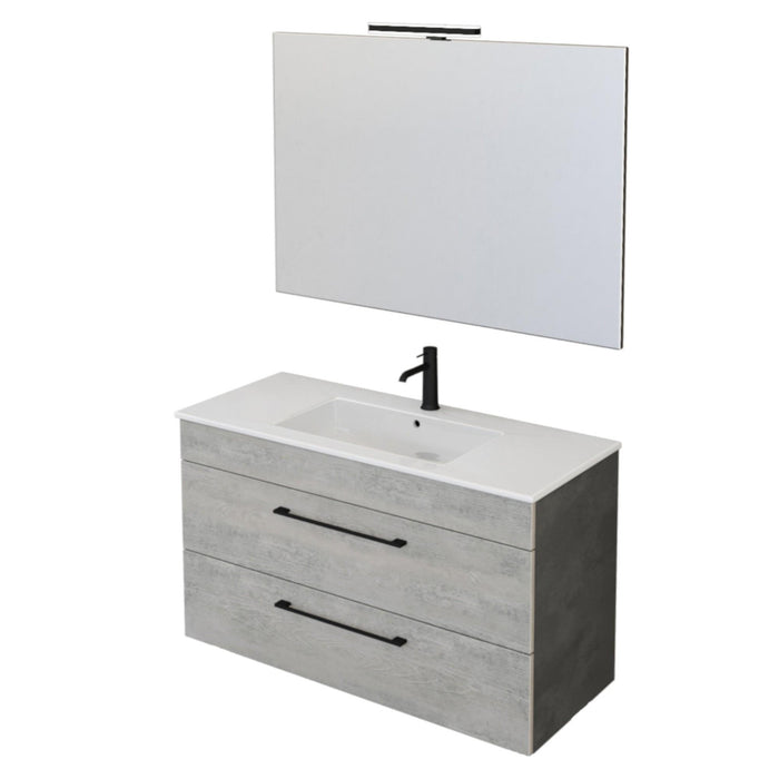 Mobile Bagno Sospeso 100 cm Lavabo e Specchio Bonussi Tucano Cemento Effetto Legno