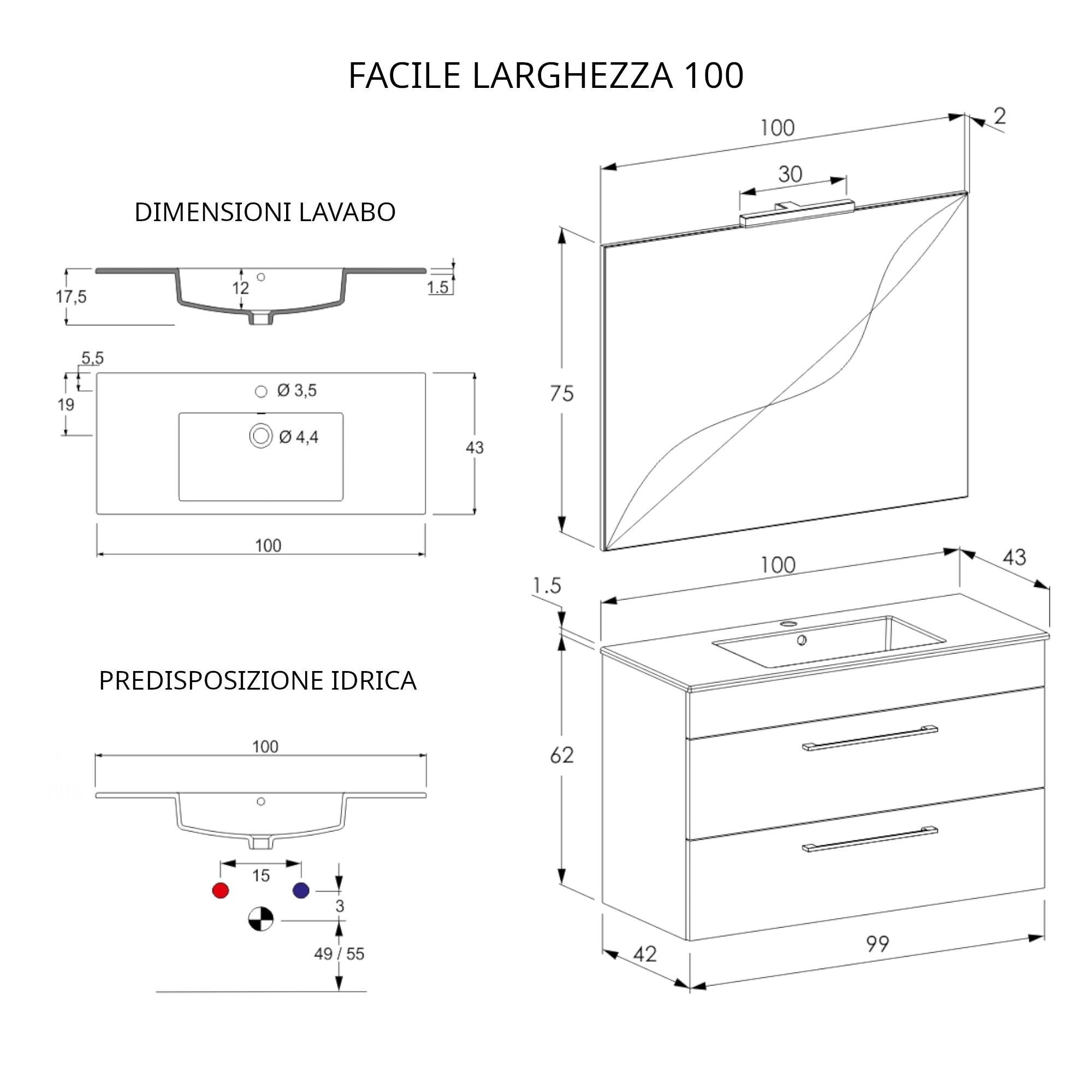 Mobile Bagno Sospeso 100 cm Lavabo e Specchio Bonussi Tucano Cemento Effetto Legno