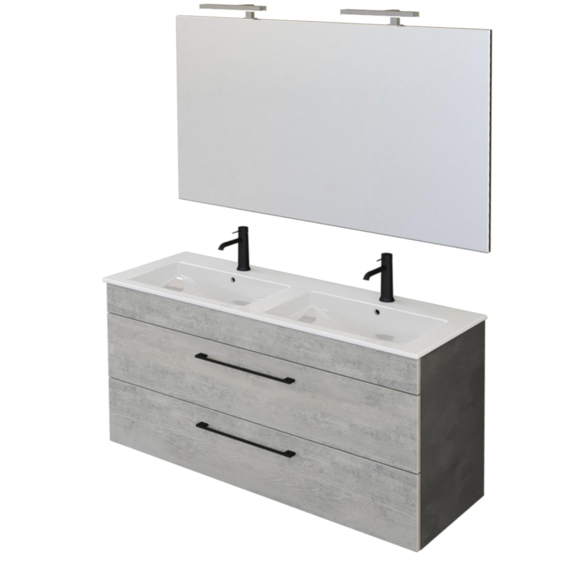 Mobile Bagno Sospeso 118 cm Doppio Lavabo e Specchio Bonussi Tucano Cemento Effetto Legno