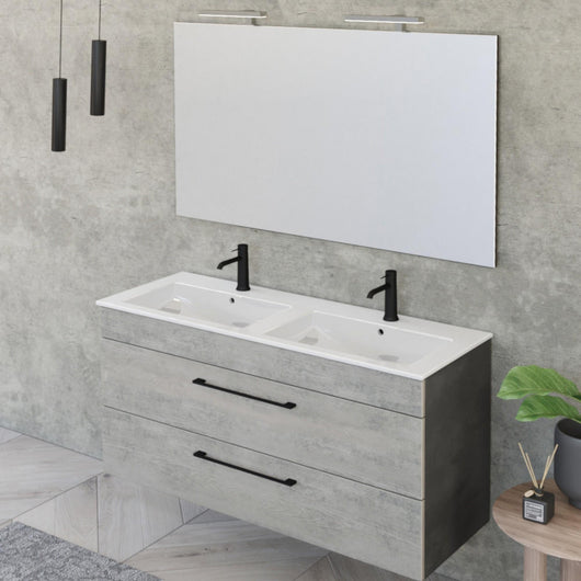 Mobile Bagno Sospeso 118 cm Doppio Lavabo e Specchio Bonussi Tucano Cemento Effetto Legno