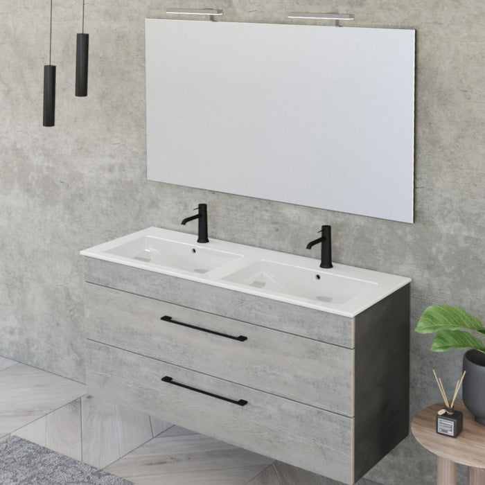 Mobile Bagno Sospeso 118 cm Doppio Lavabo e Specchio Bonussi Tucano Cemento Effetto Legno