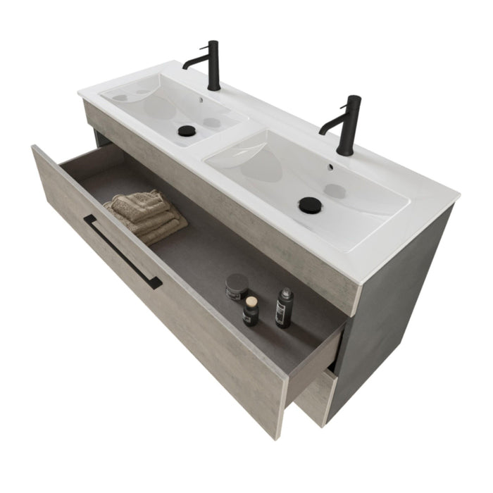 Mobile Bagno Sospeso 118 cm Doppio Lavabo e Specchio Bonussi Tucano Cemento Effetto Legno