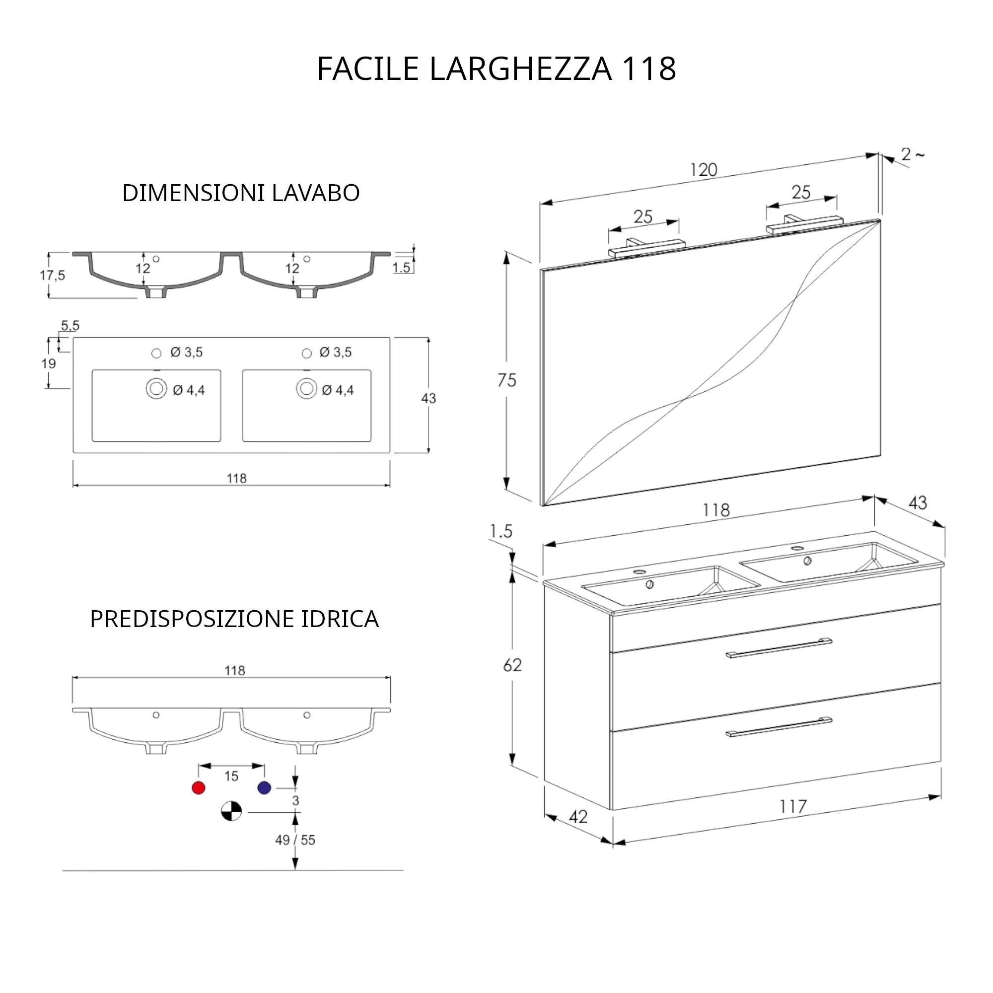 Mobile Bagno Sospeso 118 cm Doppio Lavabo e Specchio Bonussi Tucano Cemento Effetto Legno