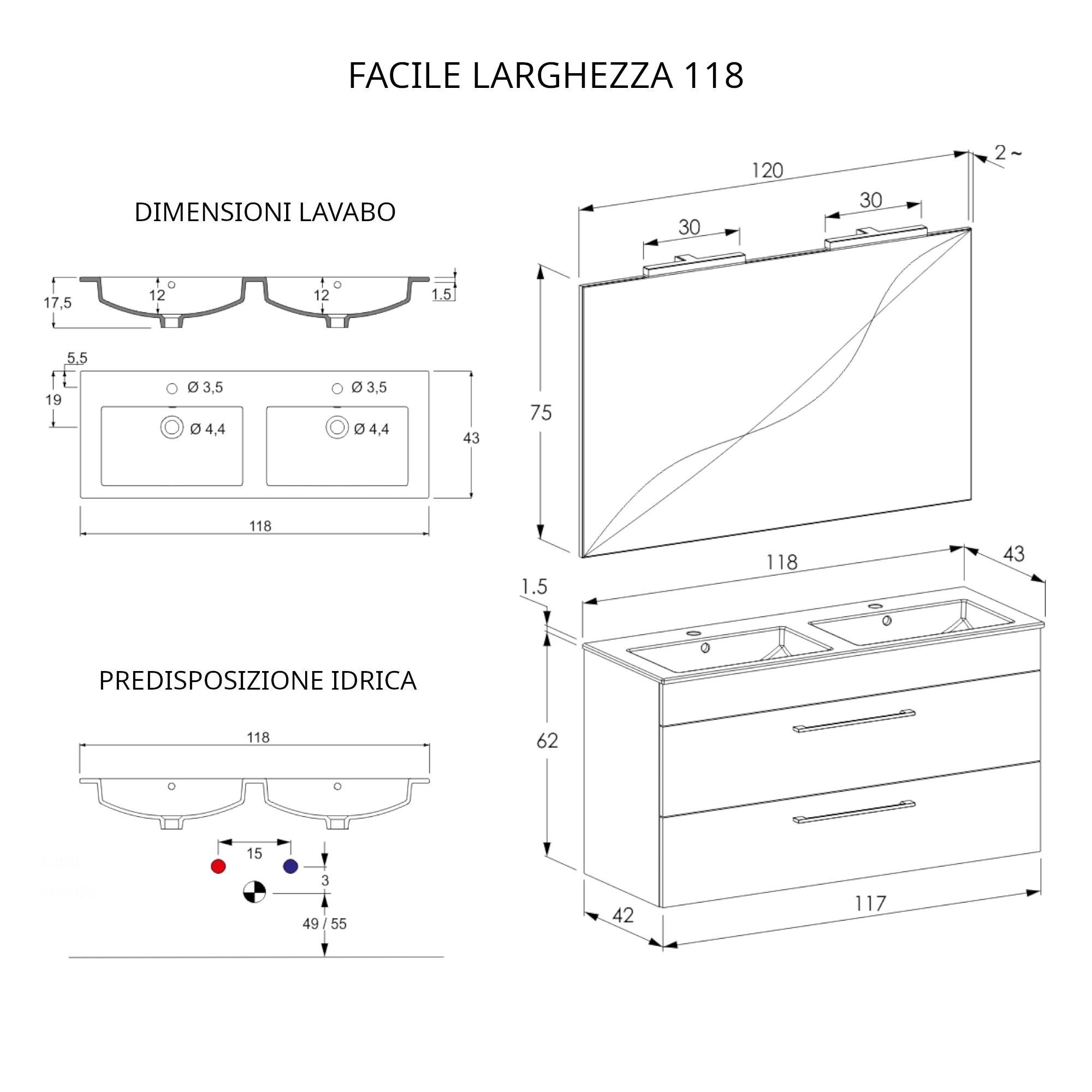 Mobile Bagno Sospeso 118 cm Doppio Lavabo e Specchio Bonussi Tucano Olmo e Lava