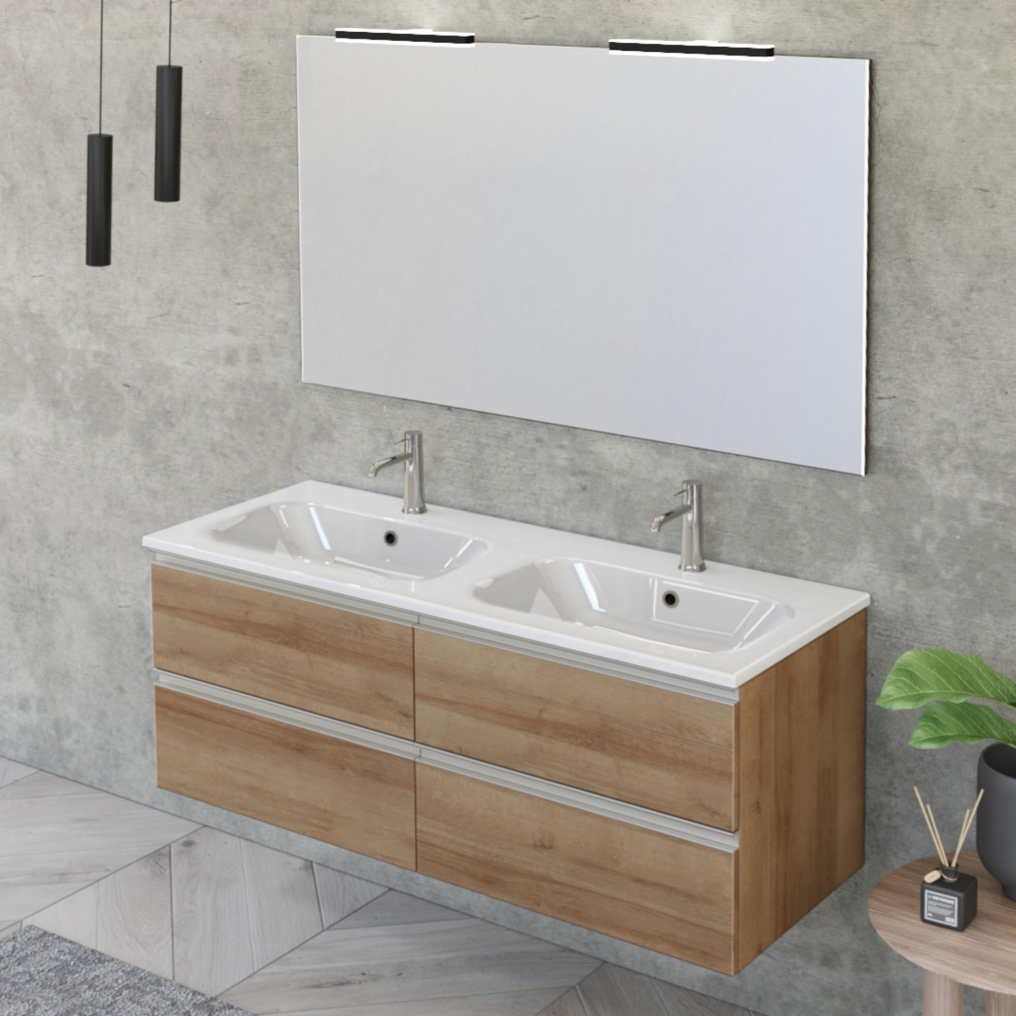 Mobile Bagno Sospeso 120 cm Doppio Lavabo e Specchio Bonussi Fenice Rovere Farnia