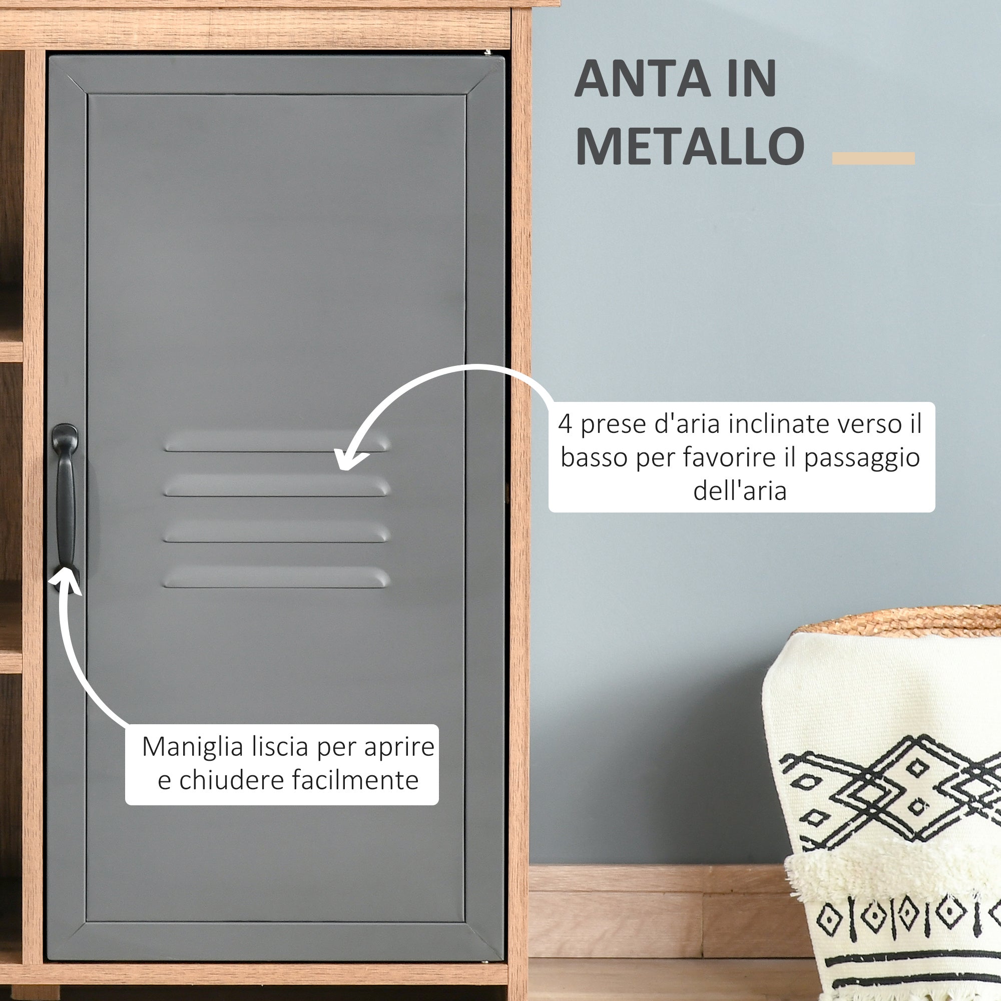 Armadietto 3 Ripiani 1 Anta in Metallo 80x35x82 cm in Legno truciolare Marrone e Grigio